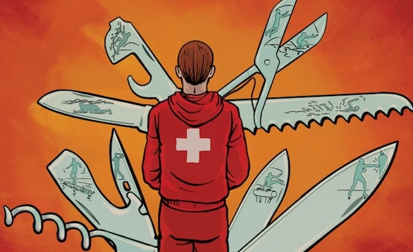 A Swiss Army Human donning a red hoodie with a white cross on the back stands facing a collection of oversized Swiss Army knife tools radiating outward, emblematic of Sunday Firesides.