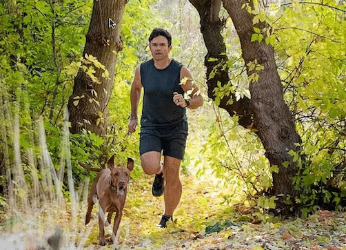 Man jogging on a forest path, listening to a podcast, with his dog.