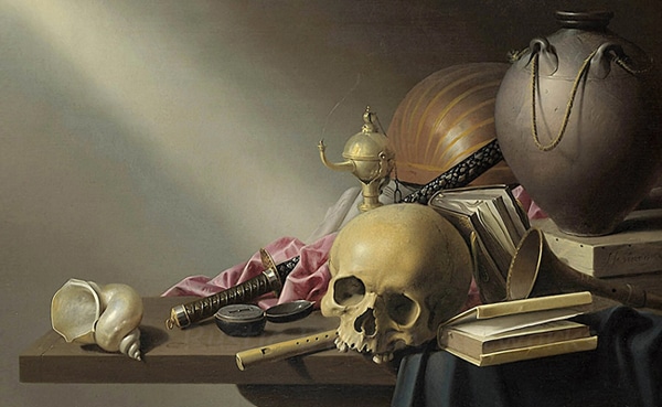 A still life painting featuring a skull, books, a shell, a flute, a globe, and other objects on Sunday Firesides, symbolizing the concept of vanitas - Remember IT Will Die.