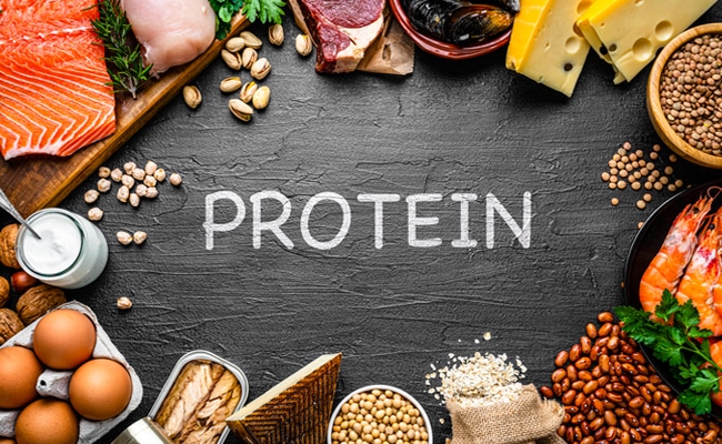 Various protein-rich foods surrounding the word "protein" written in the center, titled "Podcast #937: Everything You Need to Know.