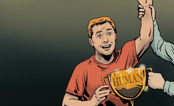 An illustrated person holding a trophy labeled "human" gives a thumbs-up with the caption "Congratulations".