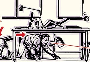 Illustration of a person mastering earthquake survival skills by taking cover under a desk during an earthquake.