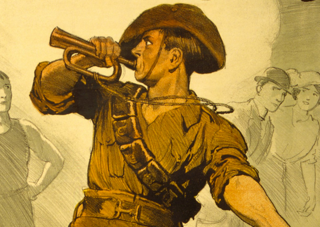 An illustrated scene of a man in a hat playing bugle, with onlookers in the background, capturing the essence of "The Strenuous Life" philosophy.