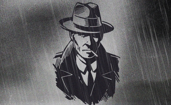 Monochromatic illustration of a gumshoe in a fedora and trench coat.