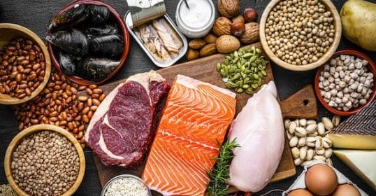 Various protein-rich foods such as meats, fish, legumes, eggs, and nuts arranged on a dark surface support the Protein Leverage Hypothesis.