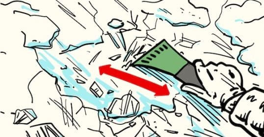 Illustration of water flowing forcefully from a green hose to de-ice a windshield, with a red arrow indicating the direction of the water.