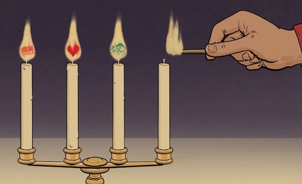 A hand setting the mood by lighting the candles of a menorah, one candle already lit with a shamash.
