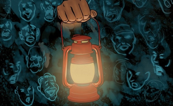 An illustration of a hand holding a lit lantern amidst a backdrop of ghostly faces, casting more light into the silent Sunday firesides.
