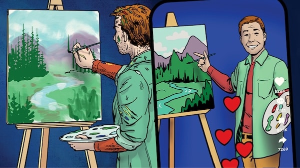 A cartoonist passionately embracing the act of painting on an easel with impeccable skill and focus, truly exemplifying the concept of "Resisting Mediocrity" through his dedication to creating high