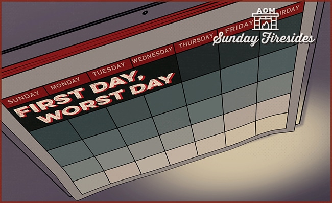 Illustration of a wall calendar with the phrase "Sunday Firesides: First Day, Worst Day" on Sunday, indicating a feeling of dread for the start of the week.