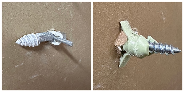 Two pictures of a screw and a screw on a wall, demonstrating the use of drywall anchors.