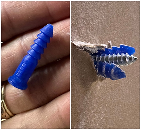 Two pictures of blue drywall anchors.