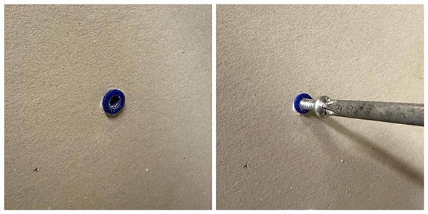 Two pictures of a hole in a wall with a blue screw, perfect for Home DIYers.