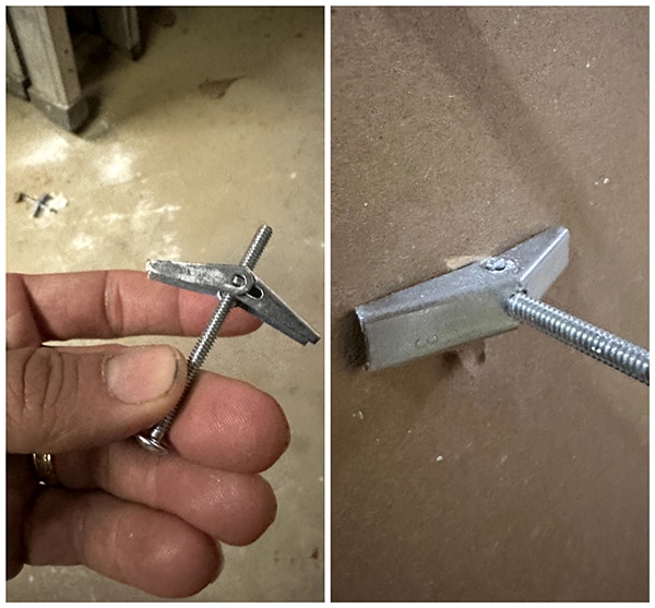 Two pictures of a person holding a hammer and a screw, providing an Essential Guide on how to Hang with Drywall Anchors.