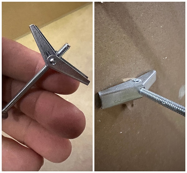 Two pictures of a person holding a metal tool for the purpose of installing drywall anchors.