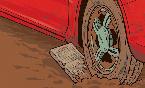 An illustration of a red car exhibiting action as it struggles for traction in the muddy terrain during Sunday Firesides.