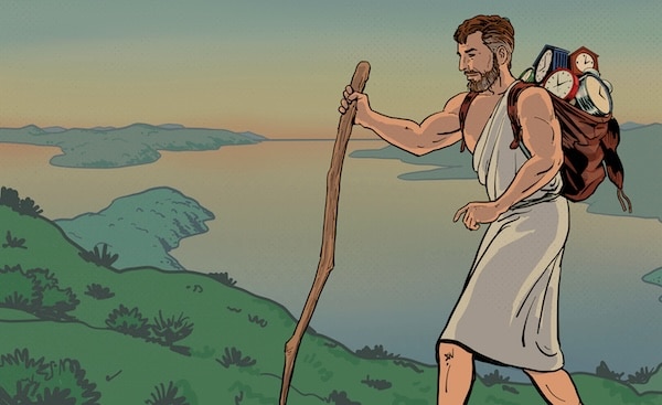 An illustration of a man walking with a stick and carrying a bag on Sunday Firesides.