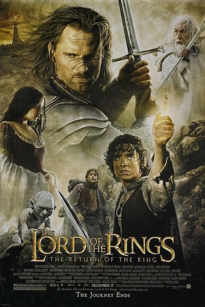 An inspiring movie poster depicting the epic adventure of "The Lord of the Rings" that captures the essence of thumos.