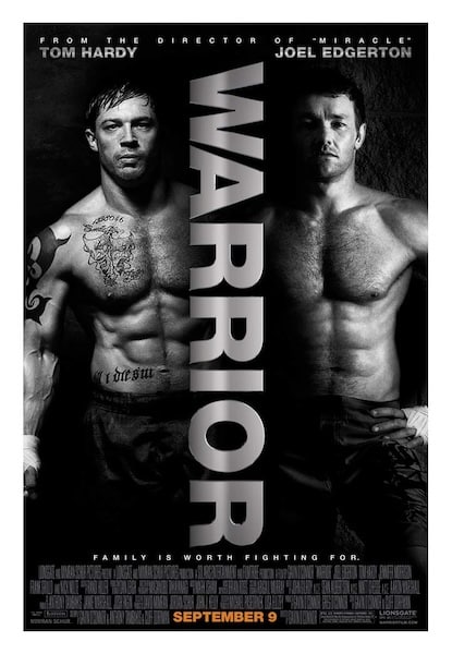 A thumos-inspiring poster for the movie Warrior showcasing two men standing next to each other.