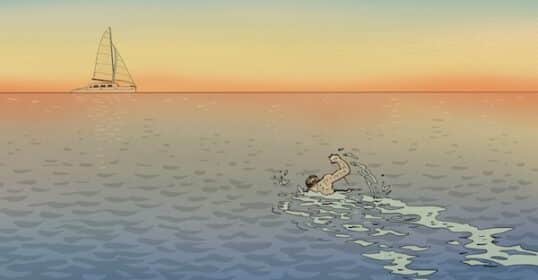 A person swimming in the ocean at sunset with a sailboat in the background enjoys the calm serenity of Sunday Firesides.