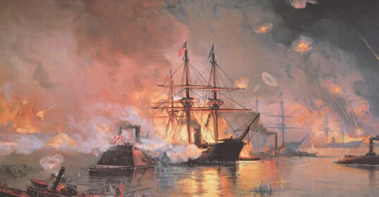 A historical naval battle scene depicting wooden ships on fire and smoke filling the air, with smaller boats navigating the chaotic waters.