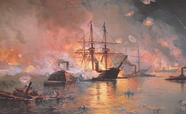 A historical naval battle scene depicting wooden ships on fire and smoke filling the air, with smaller boats navigating the chaotic waters.