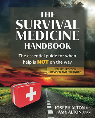 Cover of "the survival medicine handbook," featuring a red first aid kit on a road under a stormy sky, by Joseph Alton MD and Amy Alton APRN.