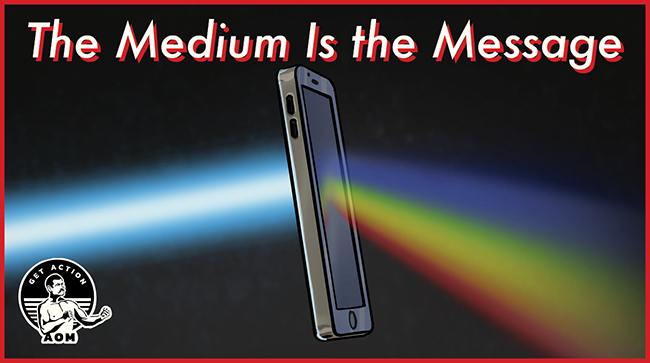 Graphic representing Marshall McLuhan's theory "the medium is the communication" featuring a smartphone dispersing light spectrum beams, with text and a logo on a dark background.