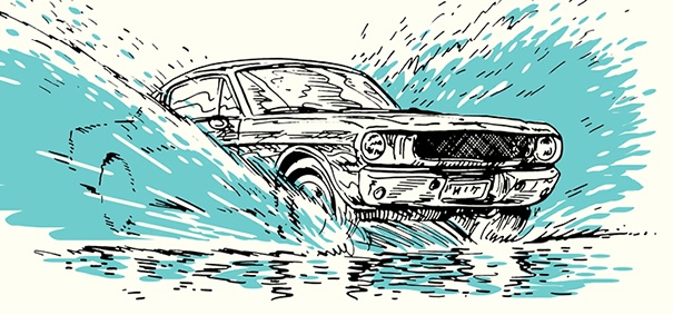 Illustration of a vintage car hydroplaning through water, depicted in a dynamic sketch style with bold lines and shading.
