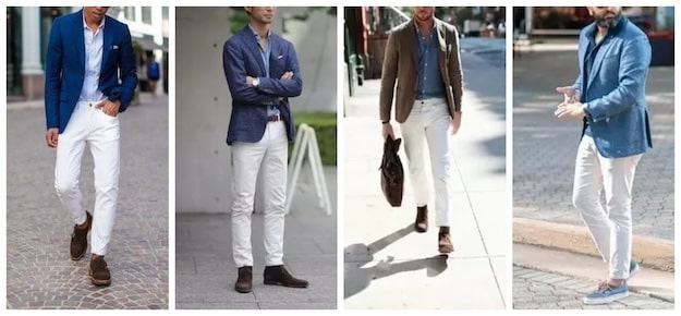 Four men in casual fashion styles wearing white jeans and blue blazers, each accessorized differently, posing on city streets.