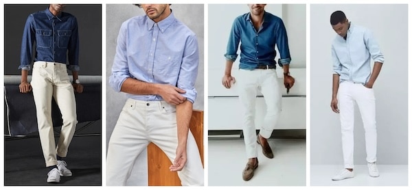 Four men in stylish casual outfits, each wearing white jeans and various shirts, portrayed in different poses against neutral backdrops.