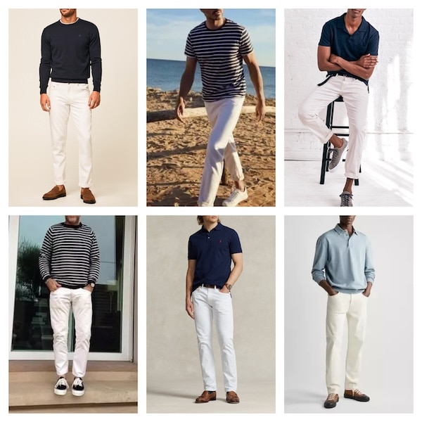 Six men demonstrate how to pull off various casual outfits featuring white jeans, posing in different settings, from beachside to a studio backdrop.