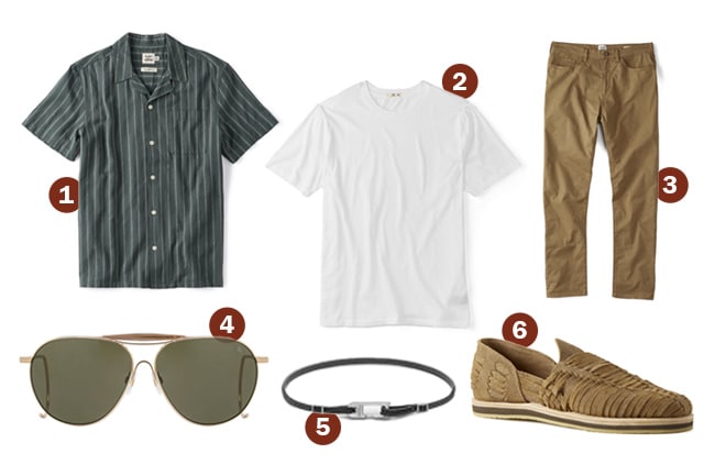 A collection of men's clothing and accessories perfect for Summer Smart Casual: a striped short-sleeve shirt, white t-shirt, khaki pants, aviator sunglasses, black braided bracelet, and brown woven loafers. Numbers label each item.