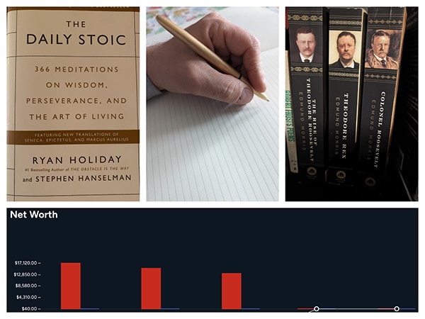 A book titled "The Daily Stoic," a hand writing in a notebook, three books on US Presidents, and a bar graph labeled "Net Worth" serve as tools for those embracing The Strenuous Life to prepare diligently for Spring 2024.