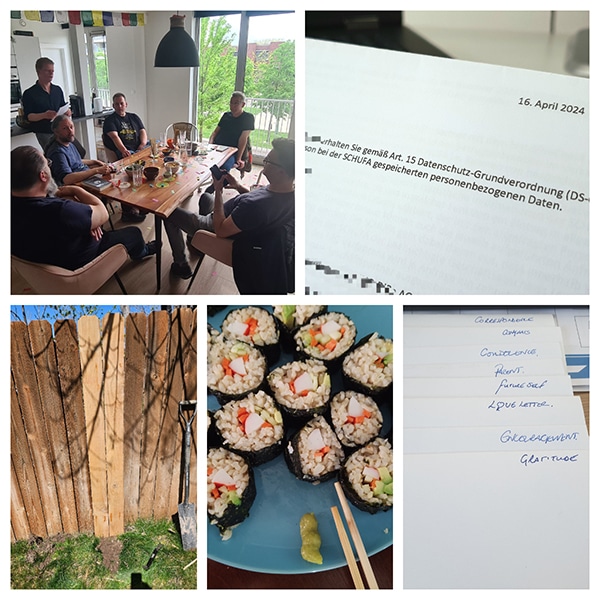 A collage featuring men at a table, a letter dated 16. April 2024, a wooden fence, sushi on a plate, and envelopes with various labels captures the essence of Spring 2024 in "The Strenuous Life.