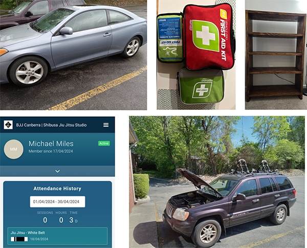 A collage featuring a gray car, a first aid kit, a wooden shelf, a membership card, and a purple SUV with an open hood provides an Inside Peek into the essentials for The Strenuous Life of Spring 2024.