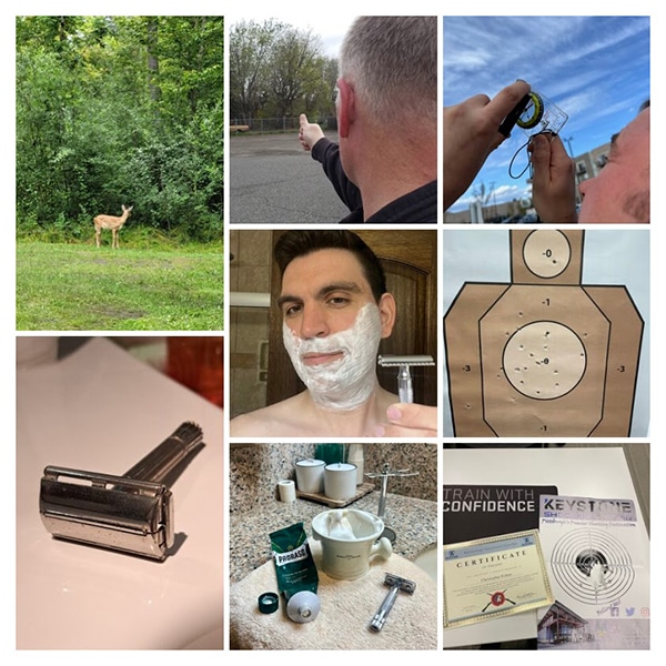 A photo collage for Spring 2024 features a deer, a man pointing, using a compass, shaving, a target with bullet holes, a razor on a sink, men’s grooming products, The Strenuous Life training certificate, and a key.