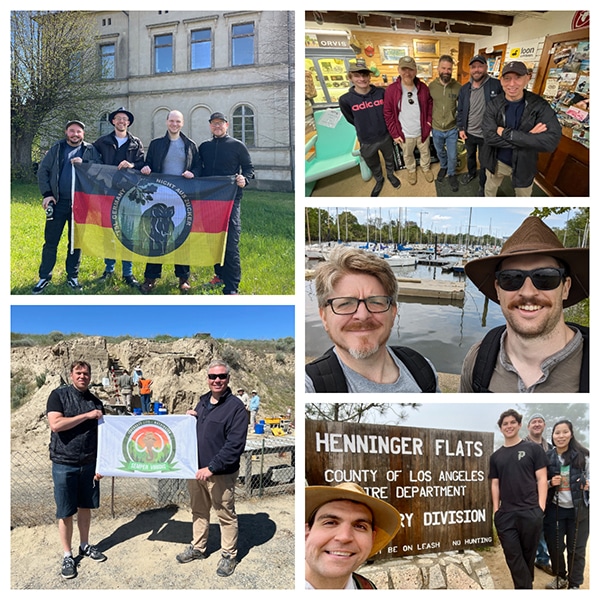 A collage of five outdoor images shows various groups of people holding flags, standing by boats, and next to signs. Each group appears to be enjoying "The Strenuous Life" through different activities and locations, likely getting ready for Spring 2024 adventures.