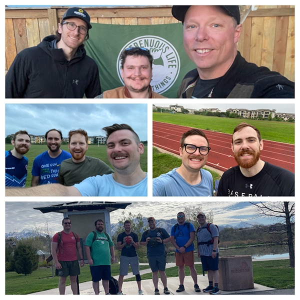 A collage of three outdoor images showing groups of men posing together, all smiling. The backgrounds include a backyard with a banner, a sports track, and a park with a monument. It's an inside peek into their strenuous life as they gear up for Spring 2024 adventures.