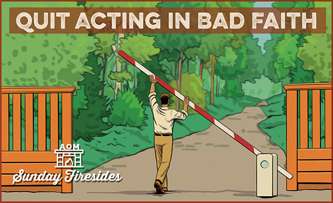 Illustration of a man using a long lever to move a stone, with the text "quit acting in bad faith" above, set in a forested area by a wooden bridge.