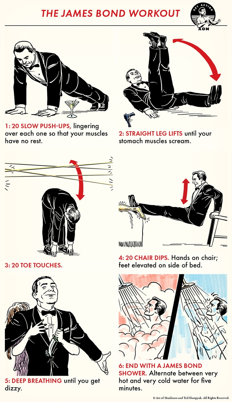 Illustration titled "The James Bond Workout" depicting six exercises: 20 slow push-ups, straight leg lifts, toe touches, chair dips, deep breathing, culminating in a hot and cold shower.