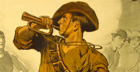 Vintage illustration of a soldier in uniform blowing a bugle with a coiled rope over his shoulder; the scene captures the Strenuous Life, with other figures in the background.