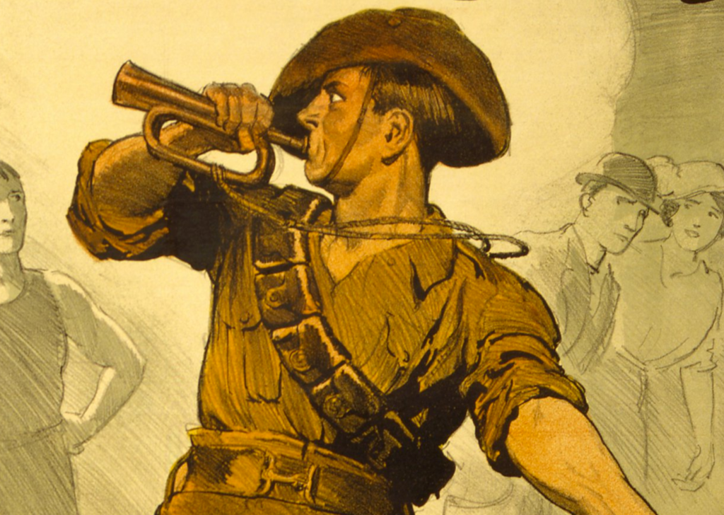 Vintage illustration of a soldier in uniform blowing a bugle with a coiled rope over his shoulder; the scene captures the Strenuous Life, with other figures in the background.