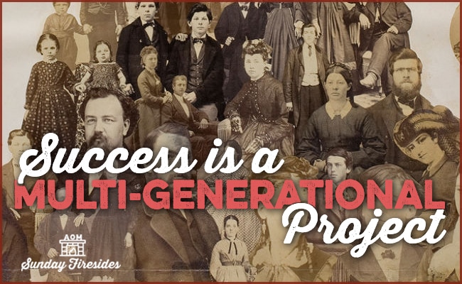 A sepia-toned photograph of a large group of people from different generations, with the text "Success is a Multi-Generational Project" overlaid in white and red.