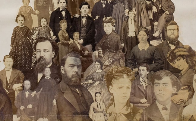 A sepia-toned collage of numerous individual and group portraits, featuring men, women, and children in period clothing, showcases a multi-generational tapestry of heritage and success.