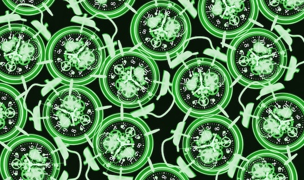 An abstract, futuristic pattern featuring glowing green clocks with intricate designs and green energy trails against a dark background serves as a vibrant reminder that you don't have the time—unless you take the time.