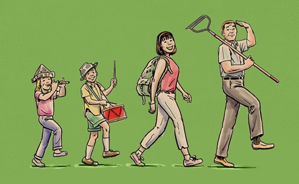 Illustration of a family walking in a line against a green background. The child in front is playing a toy flute, followed by another child with a drum, a woman with a backpack, and a man carrying a rake. This scene reflects the harmony and bond of these little platoons as they cherish simple moments together.