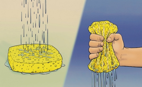 Illustration showing water pouring onto a yellow sponge on the left and a hand squeezing water out of a yellow sponge on the right, capturing the essence of Sponge Time.