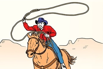 A person in a red shirt and blue pants rides a horse and swings a lasso, showcasing advanced rope techniques in a desert landscape.