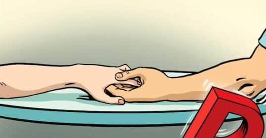 Two cartoon-style hands holding each other across a table, one pale and one tan, as if bridging any